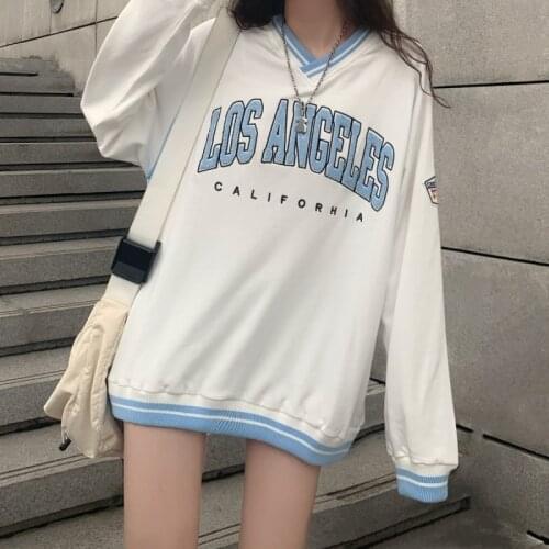 Vintage Embroidered Sweatshirt 90s With Women Harajuku Ulzzang V-Neck Oversized Pullover Letter Print Long Sleeve Top Autumn