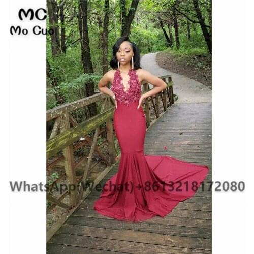 Blushing Mermaid Lace Evening Dresses Long Prom Gown Backless Elastic Satin Sweep Train Evening Party Dress for Women