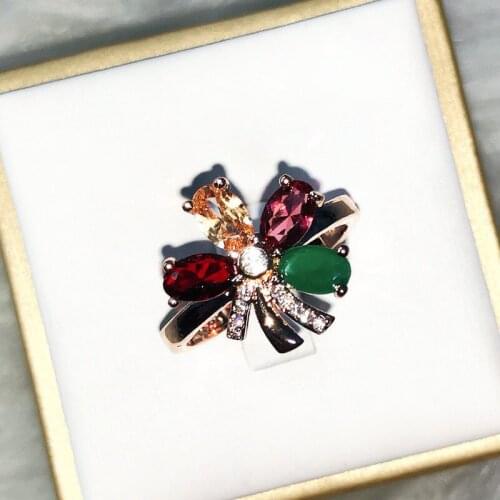 Rose Gold Natural Color Crystal Flower Open Ring Elegant Temperament Female Romantic Birthday Gift