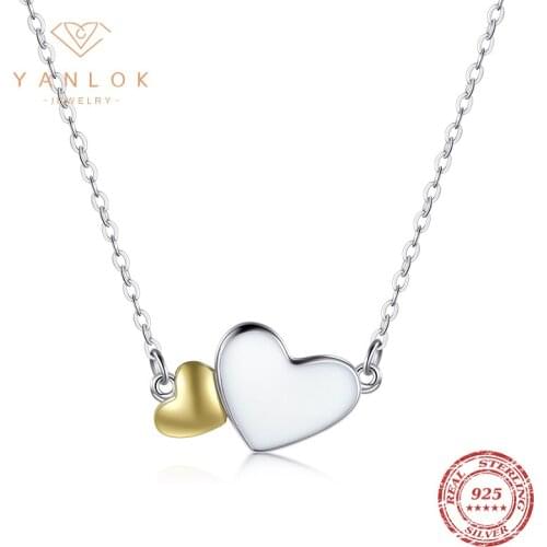 YANLOK Authentic 925 Sterling Silver Elegant White Enamel Love Double Heart Pendant Necklaces for Women Fine Jewelry Gift