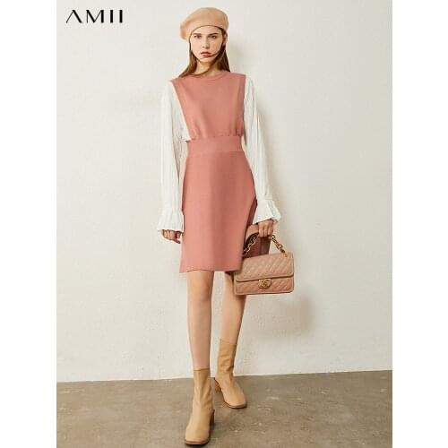 Amii Minimalism Autumn Womens Dress Fashion French Style Oneck Patchwork High Waist Knee-length Dresses For Women 12030479