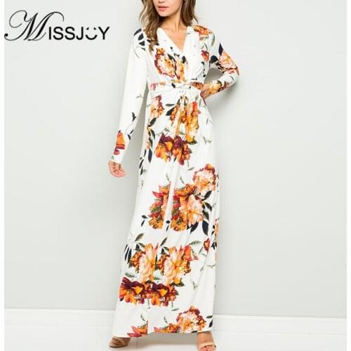 MISSJOY 2019 Autumn New Fashion Women Dress Streetwear Ankle-Length Elegant Printed Flower High Waist V-Neck Female Robe Party