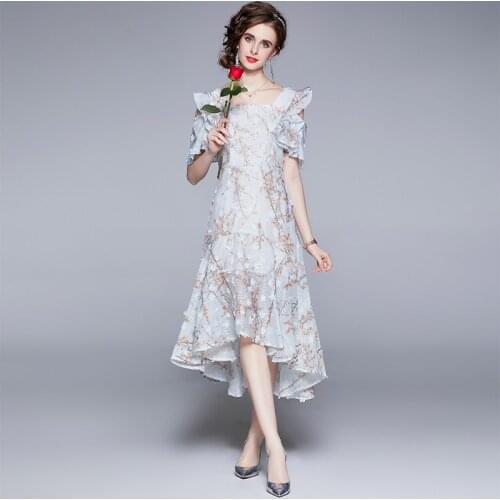 Womens Square Neck Mesh Dress 2021 Summer New Elegant Romantic Strapless Girl Three-Dimensional Floral Fishtail Dress