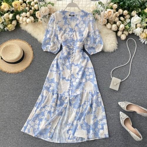Korean Dress summer 2020 Flower Ruffle Chiffon Women Party Elegant Floral Pink Mini Vestido Curto Blue Blanco a Line V Neck Robe