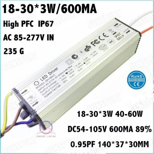 2 Pcs Waterproof IP67 PF>0.95 60W AC85-277V LED Driver 18-30Cx3W 600mA DC55-100V Constant Current For Street light Free Shipping