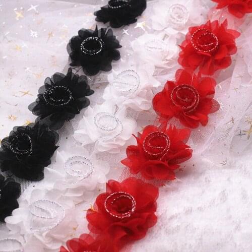 2 yards Chiffon 3D Rolled Flowers Head Mesh Yarn Ribbons DIY Headwear Clothing Wedding Dress Decor Accessories