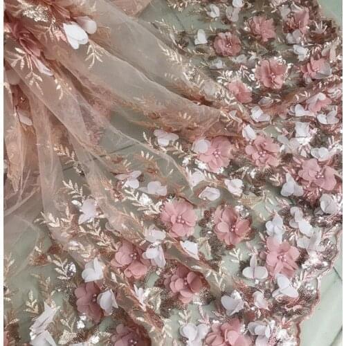 54M Pink/Off White 3D Chiffon Flower Lace Fabric, Pear Beaded Blossom Fabric, Sequined Embroidered Wedding Fabric