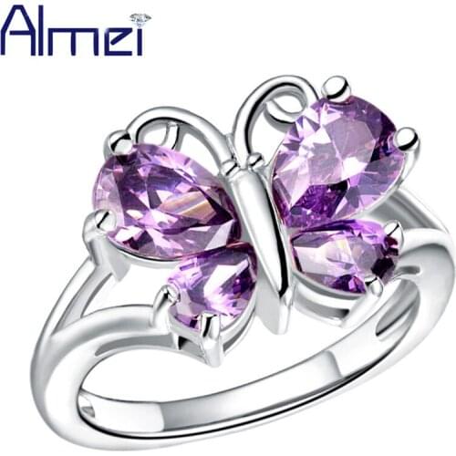 Almei Butterfly Cute Jewelry Ring Set For Women Ladies Silver with Purple/White Crystal CZ Stone Animal Rings 2017 T234