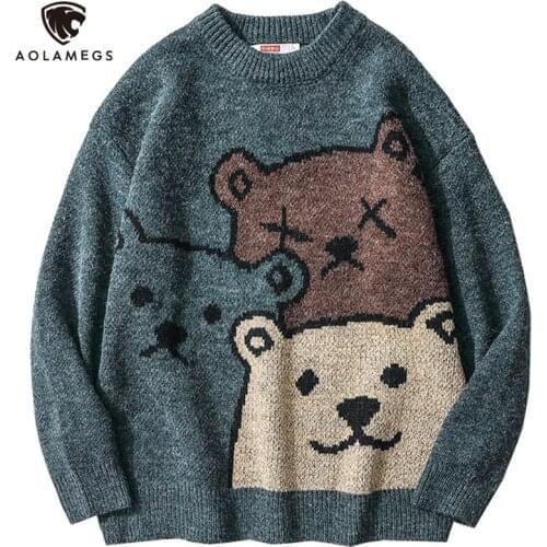 Aolamegs Men Sweater Cartoon Cute Bear knitted Pullover Sweaters Men O-Neck Soft Casual Harajuku College Style Streetwear Spring