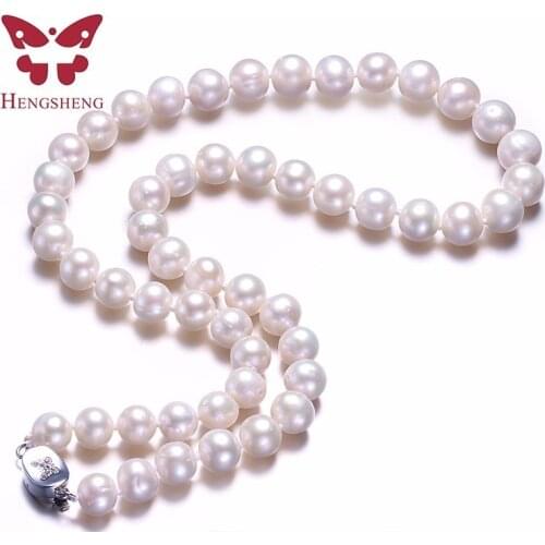 White Real Natural Near Round Pearl Jewelry Women Necklace,925 Sterling Silver Butterfly Buckle,8-9mm 45cm Fine Beads Jewelry