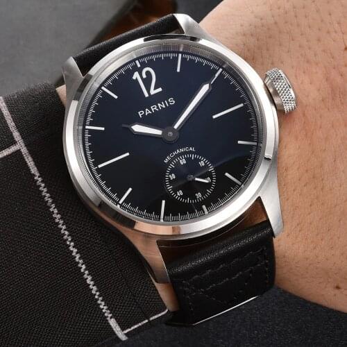 New Parnis 46mm Black Dial Mechanical Hand Wind Men Watch Stainless Steel Case Mens Watches