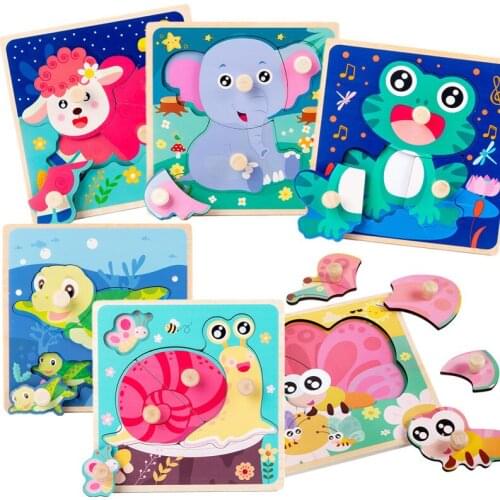 Baby Wooden Toys Hand Grasping Board Cartoon Animal Montessori 3D Puzzle Matching Game Educational Jigsaw Toys For Children Kids