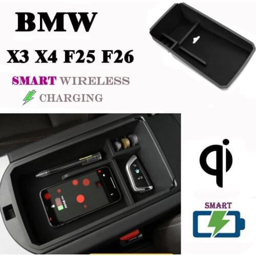 For BMW QI Wireless charger Wireless Smart charging Phone Holder Storage Box For X3 X4 F25 F26 2011~2018