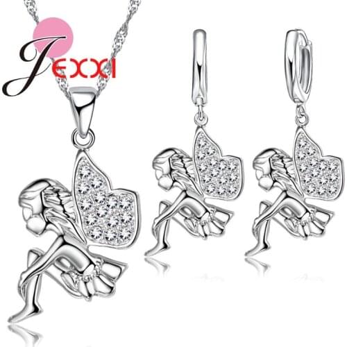 925 Sterling Silver Austrain Crystal Little Fairy Cute Elf Pendant Necklace Hoop Earring Jewelry Set Engagement Bijoux
