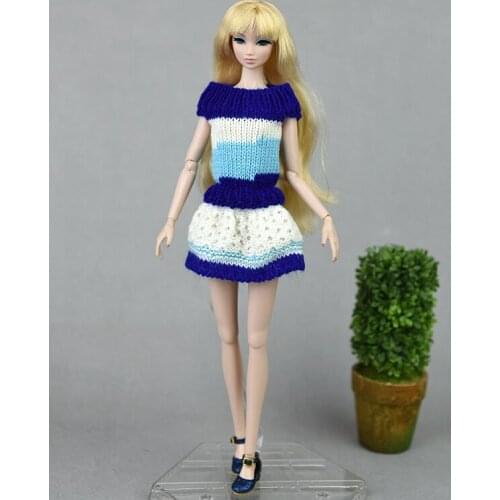Fashion Blue White Knitted Dress For Barbie Doll Clothes Woven Outfits Winter Warm Sweater 1/6 BJD Accessories Kids DIY Toy Gift