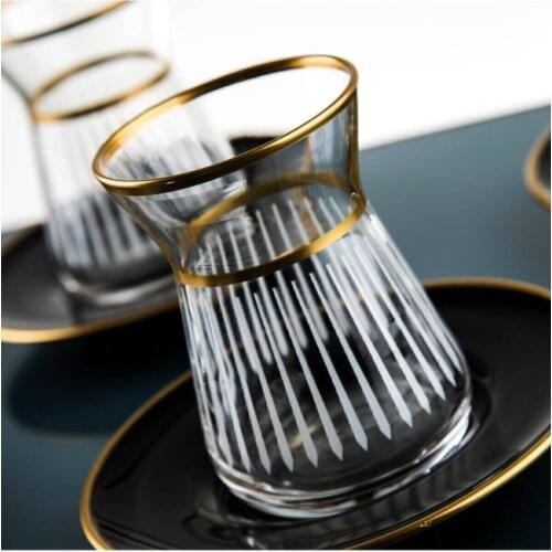 Handmade 12 Pieces Turkish Tea Glass Cups Set for 6 People Gold and Black Color Amazing Quality Traditional Turkish Tea Set