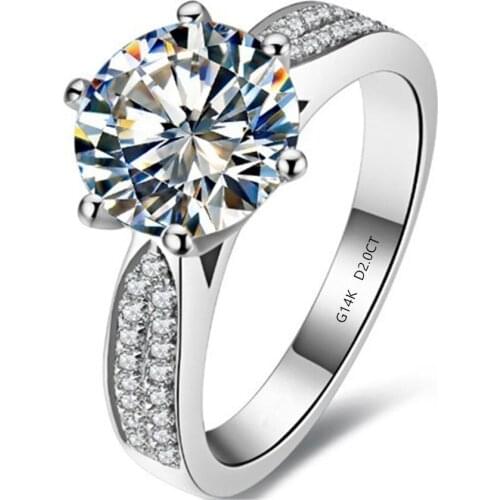 Genuine 14K 585 White Gold Six Prongs 2CT Round Magnificent Real Moissanite Engagement Ring Perfect Valentines Day Gift