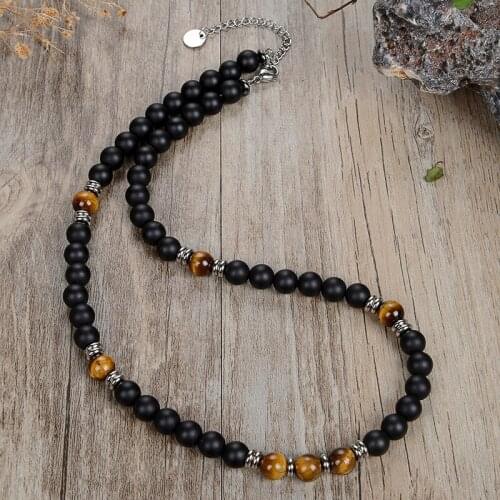 New Bohemian fashion natural black agate tiger eye stone coconut shell not beautiful steel necklace jewelry for men and women