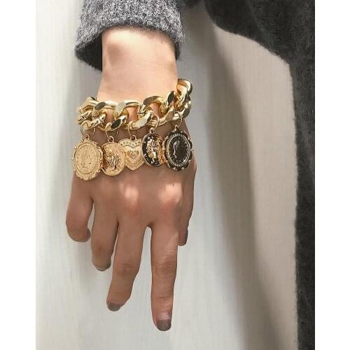 Punk Embossed Coin Love Heart Dangle Pendant Women Chain Bracelet Bangle Fashion Jewelry Valentines Day Gift