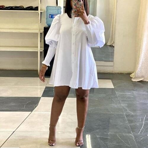 Puff Sleeve Button Up Shirt Dress Casual Loose Elegant Mini Dress