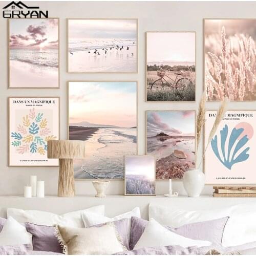 Coastline Beach Sky Nordic Landscape Poster Reeds Birds Nature Print Canvas Painting Sunset Decoration Picture for Living Room