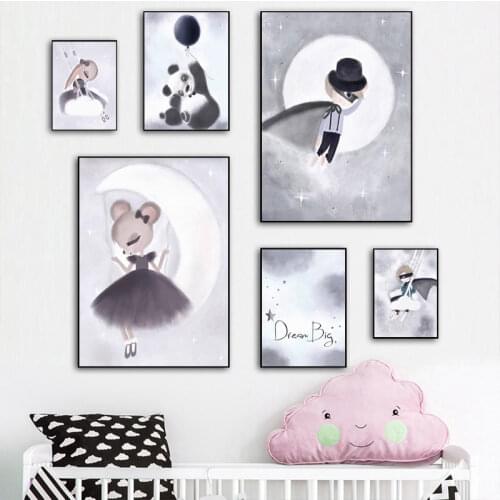 Nordic Watercolor Cartoon Unicorn Panda Rabbit Girl Canvas Painting Dream Big Poster Wall Pictures Kids Room Home Decoration