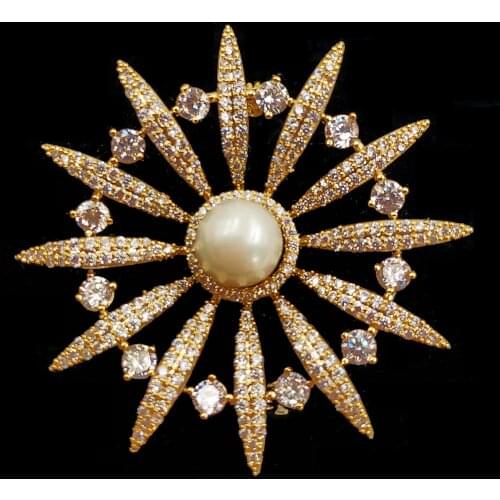 Modern Vintage Goldtone Mother of Pearl Domed Sun Burst Flower Brooches Pins for Women Dressy Special Occasions Holiday Jewelry