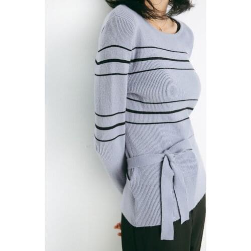 Tie Waist Sweater Striped Women Pullover Sweaters Spring Autumn