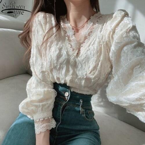 Spring Long Sleeve Button Up Shirt 2021 New Sweet Women Blouse Korean Chic Lace Shirt Women Tops V-neck Clothes Blusas 13334