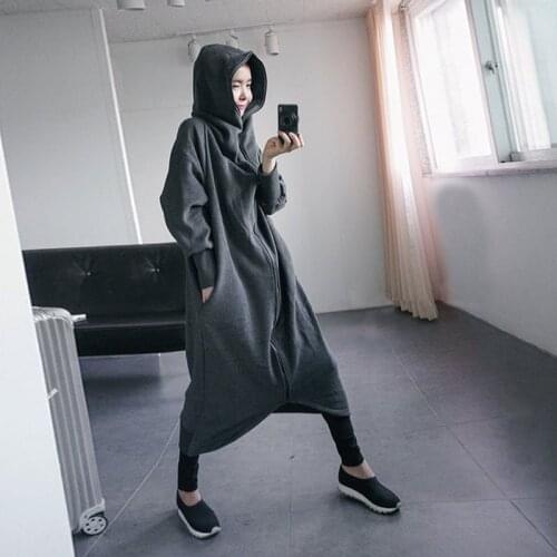 2019 Spring and Autumn Casual Loose Trench Coat Women Long Sleeve Hooded Coat Ladies Thicker Black Long Coat