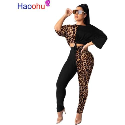 Autumn Leopard Print Patchwork Womens set long sleeve t-shirt pencil pants suit elegant two piece set tracksuit outfit
