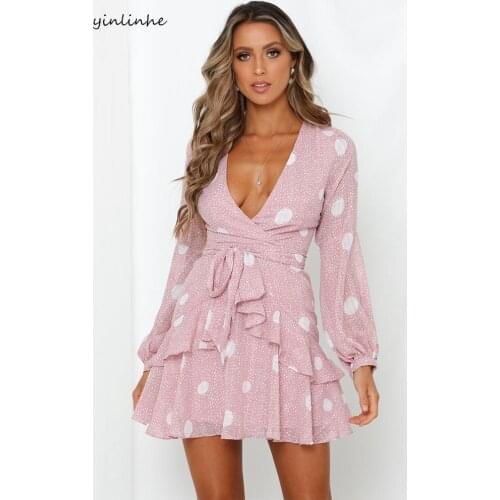 Yinlinhe Autumn Slim ping Polka Dot Dress Women Long Sleeve Chiffon Dress spring Holiday Party Ruffles Transparent vestido 1238