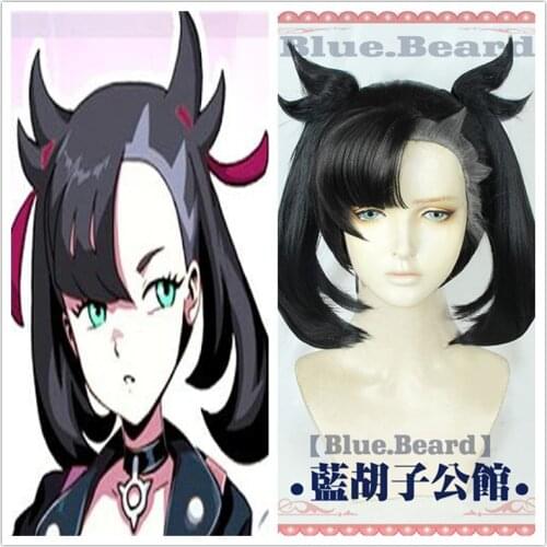 Anime Game Sword/Shield Cosplay Hero Marnie Wig High-temperature Fiber Black Hair With Two Ponytails+free hair cap