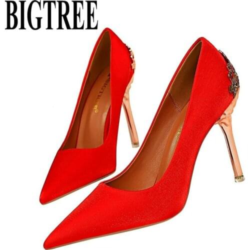 BIGTREE 2020 Womens Pumps Heels Designer Shoes Red Wedding Shoes Pointed 10cm Metal Decoration Stilettos Dress Shoes Sexy Heels