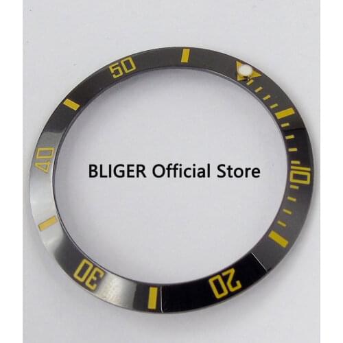 BLIGER 38MM Ceramic Bezel Yellow Number Scale Mark New Watch Bezel Insert Fit 40MM SUB Automatic Movement Mens Watch