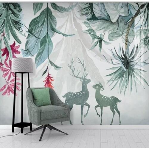 Milofi custom large wallpaper mural Nordic green tropical plant banana leaf elk background wall decoration painting