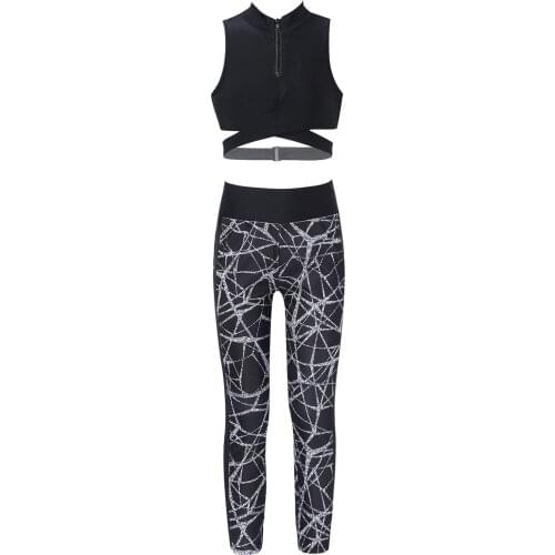 Kids Girls Stage Dancewear Sets Sports Yoga Running Outfits Stretchy Sleeveless Top Gymnastics Workout Leggings Pants Sets