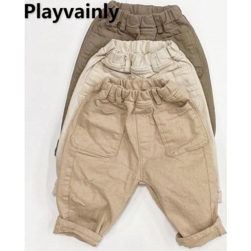 2021 Korean Style New Autumn Boys Girls Pants Elastic Waist Pocket Casual Cotton Trousers Kids Loose Simplicity Clothes E1149