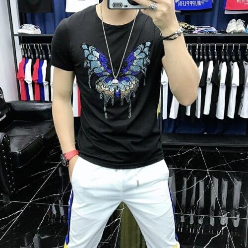 European Summer Color Pattern Butterfly Hot Diamond Mens T-Shirt Fitness Casual Black O-Neck Top