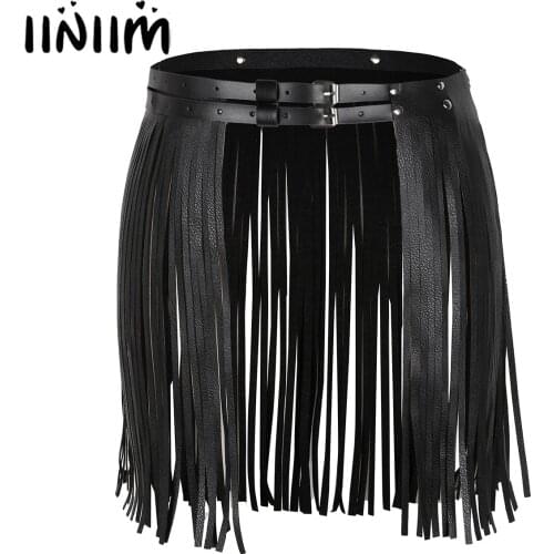 Iiniim Adult Womens Hula Dance Costumes Bondage Sexy Clubwear Femme Cocktail Party Mini Skirts Waistband Fringe Tassel Skirt