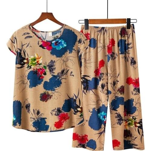 Cotton Women 2 Piece Set Loose Print Short Sleeve Tops + Pants Suits Middle-aged Mother Summer Clothes Plus Size 4XL Y919