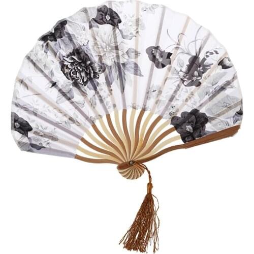 Chinese Gray Peony Blossom Fabric Bamboo Folding Dancing Hand Fan White