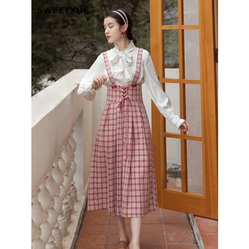 SWEETXUE Two-Piece Set Retro Bow Lace Shirt And Plaid Suspender Skirt Fashionable Cute Temperament Elegant Chic Ladies Suit
