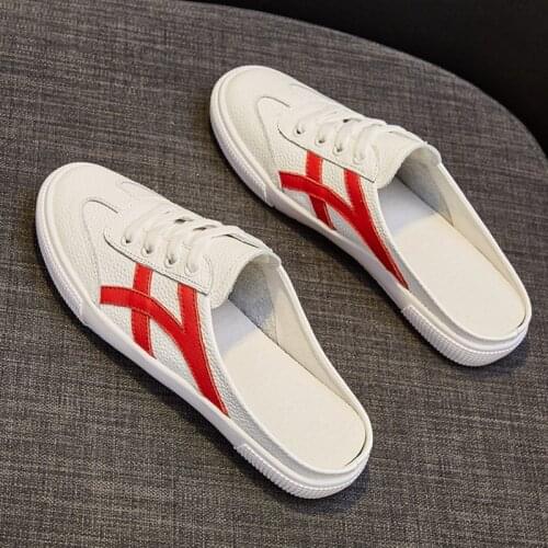 Leather Net Red Slippers Womens Shoes Wearing Sandals 2019 Summer New Flat Bottom Wild Head Half Drag Single Small White Shoes
