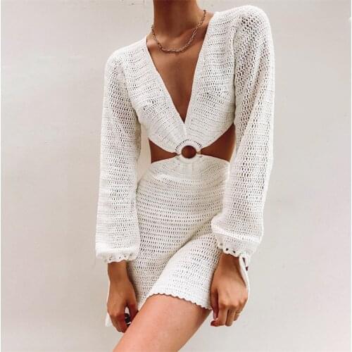 Summer Classic White Knit Women Long Sleeve Dress V Neck Sexy Backless See-through Hollow Out Beach Party Mini Dresses 2021