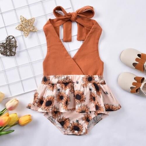 FOCUSNORM 0-12M Summer Cute Baby Girls Rompers Sunflowers Printed V Neck Sleeveless Belt Jumpsuits