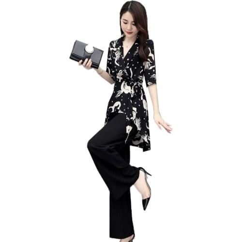 Summer Women Two-Piece 2021 New Top + Wide Leg Pants Ladies Suit Printed Elegant Female Blouse Mujer Feminina Skirt Pants