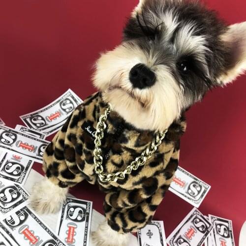 Fashion Leopard Print Pet Dog Clothes Winter Warmwith Big Fur Collar And Jumpsuit Thicken Pet Clothing