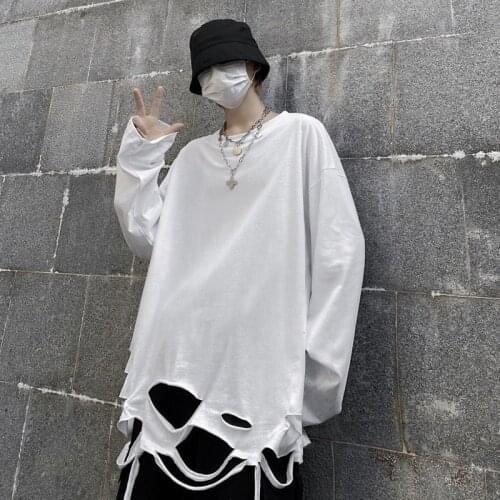 Autumn Ripped T Shirt Mens Fashion Solid Color Cotton Casual Hole T-shirt Men Streetwear Loose Hip-hop Long-sleeved Tshirt Mens