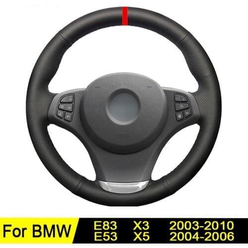 Car Steering Wheel Cover For BMW E83 X3 2010-2003 E53 X5 2006-2004 Hand-Stitched DIY Non-slip Black Genuine Leather